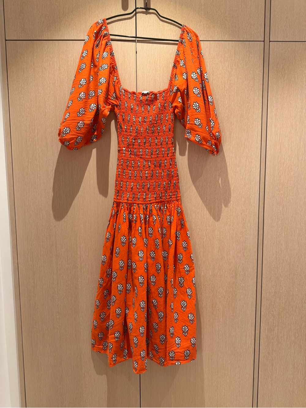 RHODE RESORT ORANGE / RED HARPER SMOCKED OFF THE SHOULDER DRESS, S